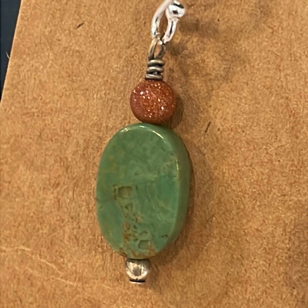 Sterling silver natural stone dangle drop green burnt orange glitter stone - Picture 2 of 7